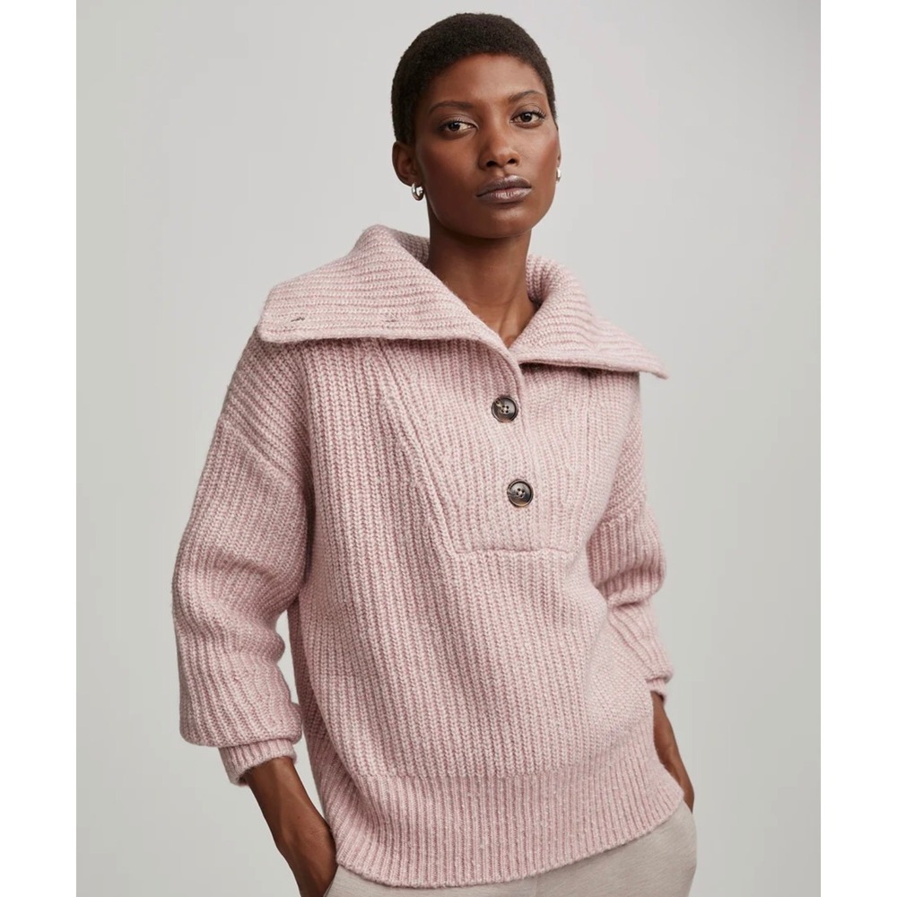 Varley Womens Peverel Button Placket Woodrose Ribbed Knit Oversized Sweater XS